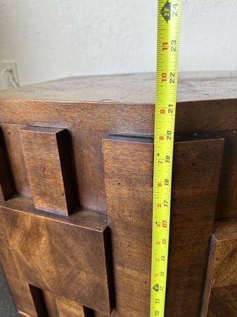 Pair of Vintage Lane Furniture Brutalist Mid Century Walnut Hexagonal Side Top Table Cabinets