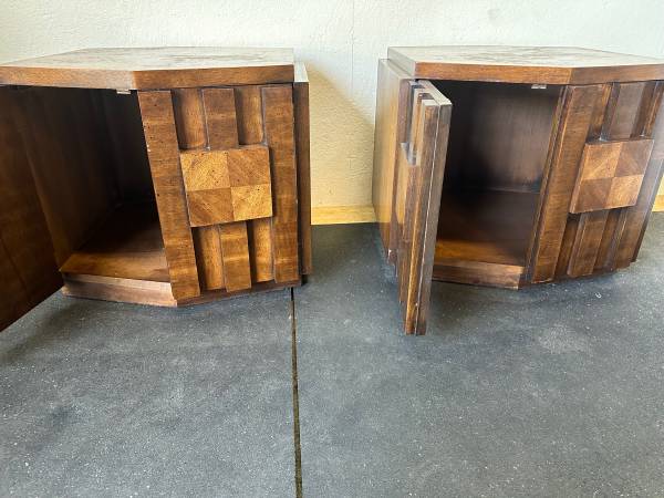 Pair of Vintage Lane Furniture Brutalist Mid Century Walnut Hexagonal Side Top Table Cabinets