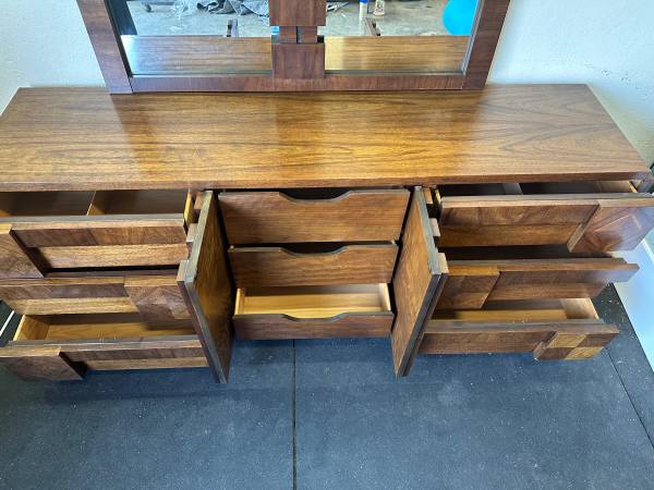 Vintage Lane Staccato Brutalist Mid Century Walnut Credenza with Mirror