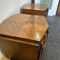 Pair of Vintage Lane Furniture Brutalist Mid Century Walnut Hexagonal Side Top Table Cabinets