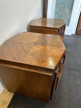 Pair of Vintage Lane Furniture Brutalist Mid Century Walnut Hexagonal Side Top Table Cabinets