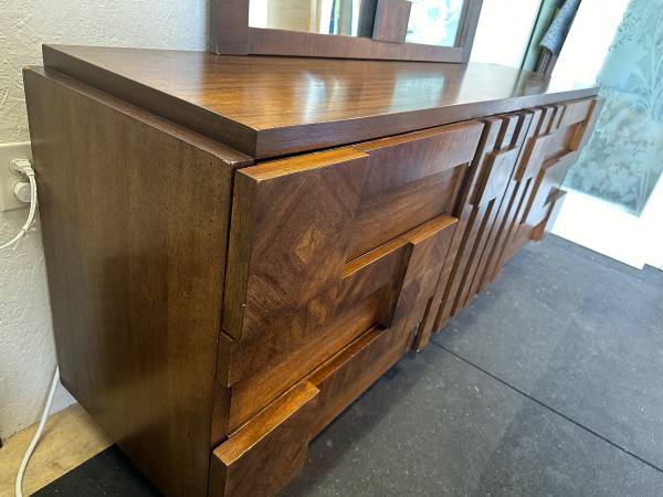 Vintage Lane Staccato Brutalist Mid Century Walnut Credenza with Mirror