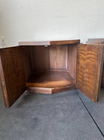 Pair of Vintage Lane Furniture Brutalist Mid Century Walnut Hexagonal Side Top Table Cabinets