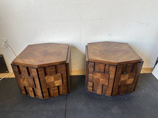 Pair of Vintage Lane Furniture Brutalist Mid Century Walnut Hexagonal Side Top Table Cabinets