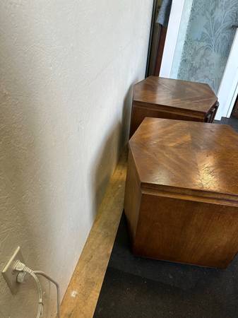 Pair of Vintage Lane Furniture Brutalist Mid Century Walnut Hexagonal Side Top Table Cabinets