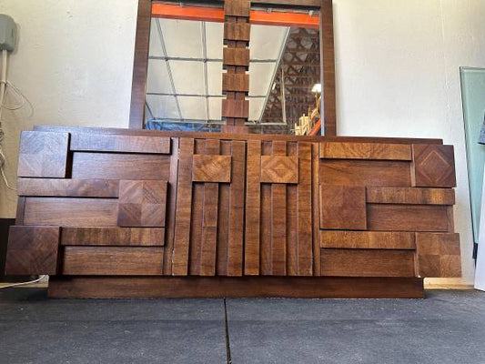 Vintage Lane Staccato Brutalist Mid Century Walnut Credenza with Mirror