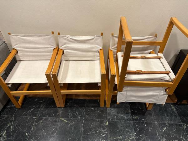 Vintage Mid Century Wooden Canvas Sling Safari Lounge Chairs Set Of 4