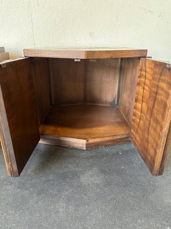 Pair of Vintage Lane Furniture Brutalist Mid Century Walnut Hexagonal Side Top Table Cabinets