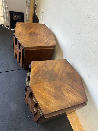 Pair of Vintage Lane Furniture Brutalist Mid Century Walnut Hexagonal Side Top Table Cabinets