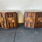 Pair of Vintage Lane Furniture Brutalist Mid Century Walnut Hexagonal Side Top Table Cabinets