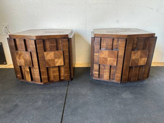 Pair of Vintage Lane Furniture Brutalist Mid Century Walnut Hexagonal Side Top Table Cabinets