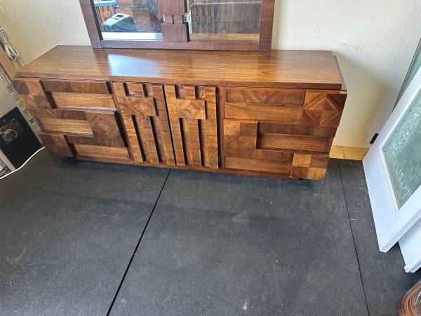 Vintage Lane Staccato Brutalist Mid Century Walnut Credenza with Mirror