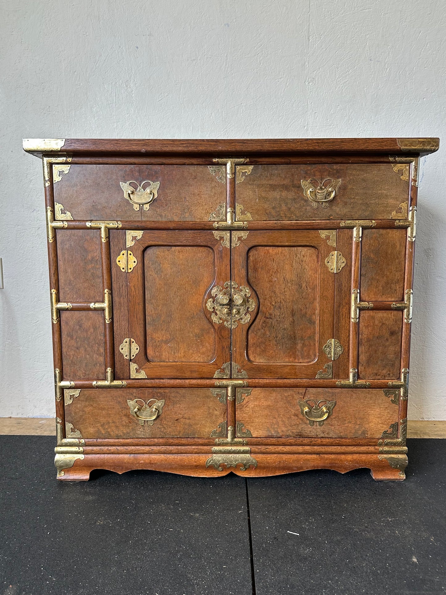 Vintage Asian Tansu Banded Burl Wood Chest Brass Mounted Storage Cabinet #0112