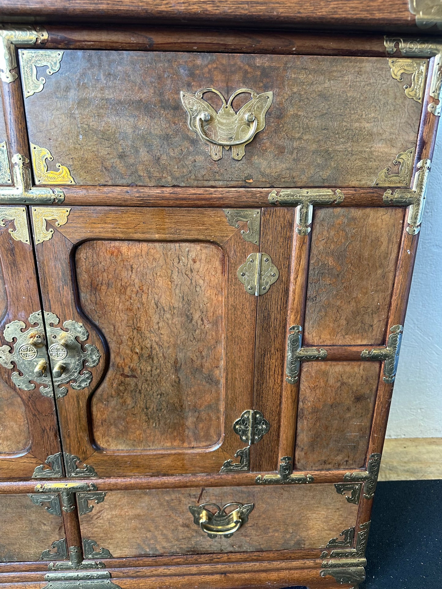 Vintage Asian Tansu Banded Burl Wood Chest Brass Mounted Storage Cabinet #0112