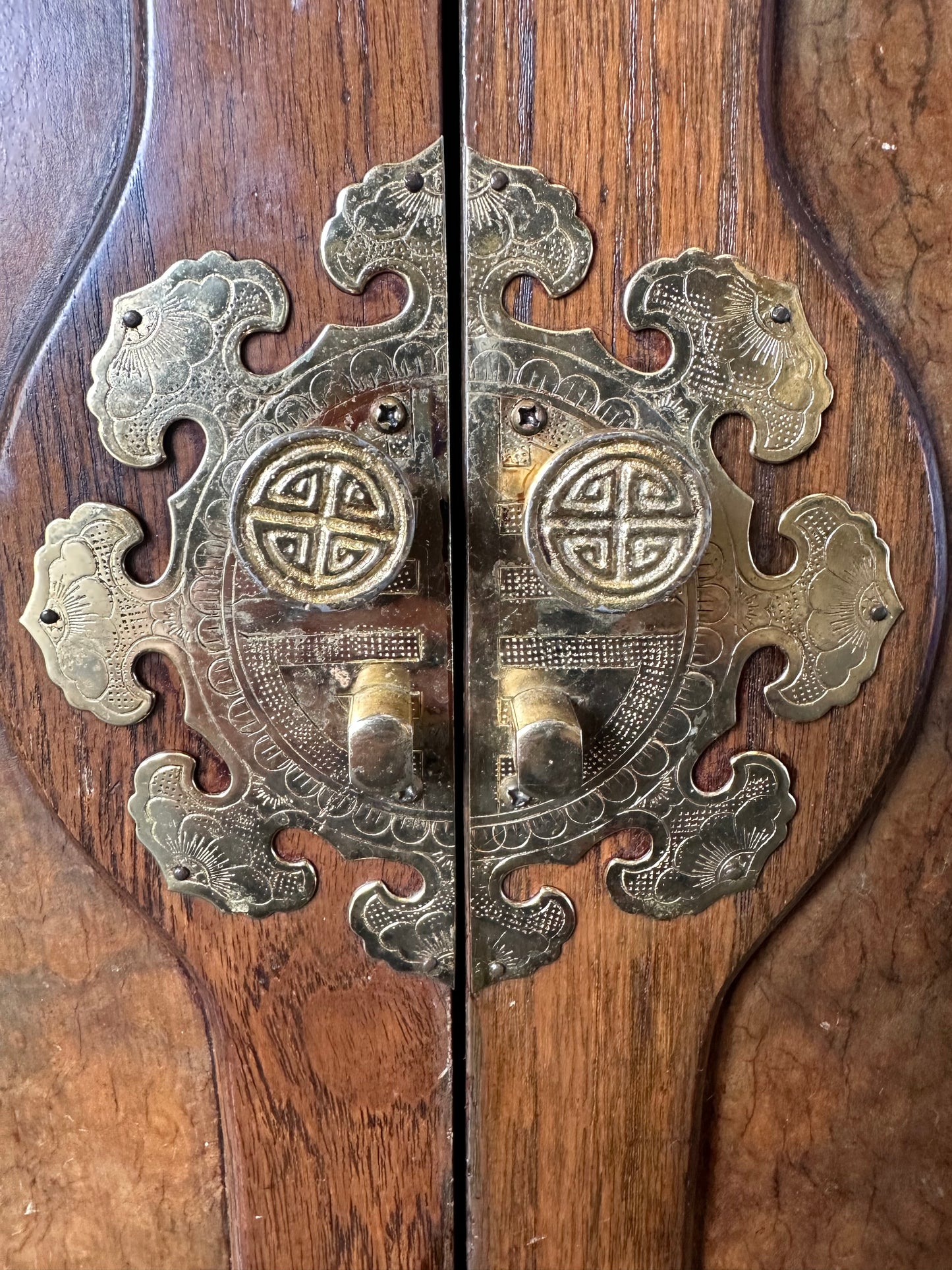 Vintage Asian Tansu Banded Burl Wood Chest Brass Mounted Storage Cabinet #0112