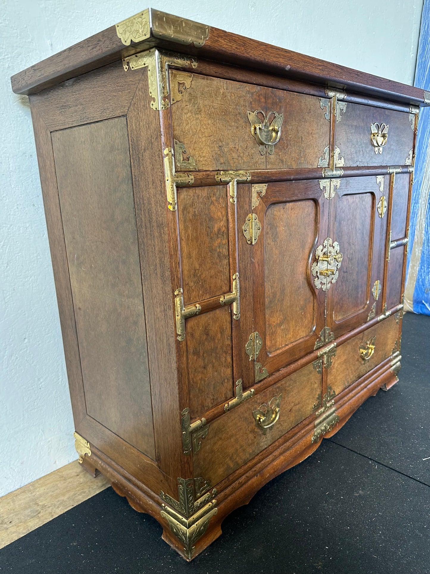 Vintage Asian Tansu Banded Burl Wood Chest Brass Mounted Storage Cabinet #0112