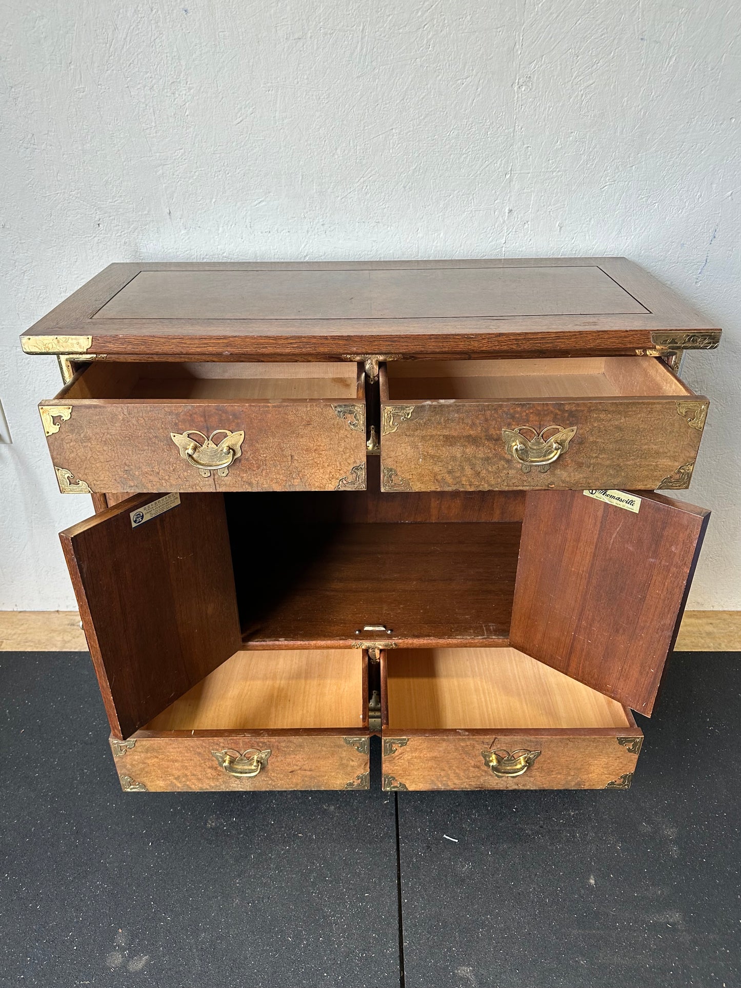 Vintage Asian Tansu Banded Burl Wood Chest Brass Mounted Storage Cabinet #0112