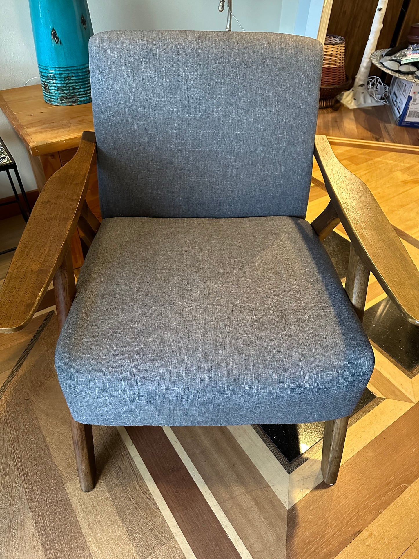 Mid century Modern Upholstered and Wood Lounge Chair Blue/Grey