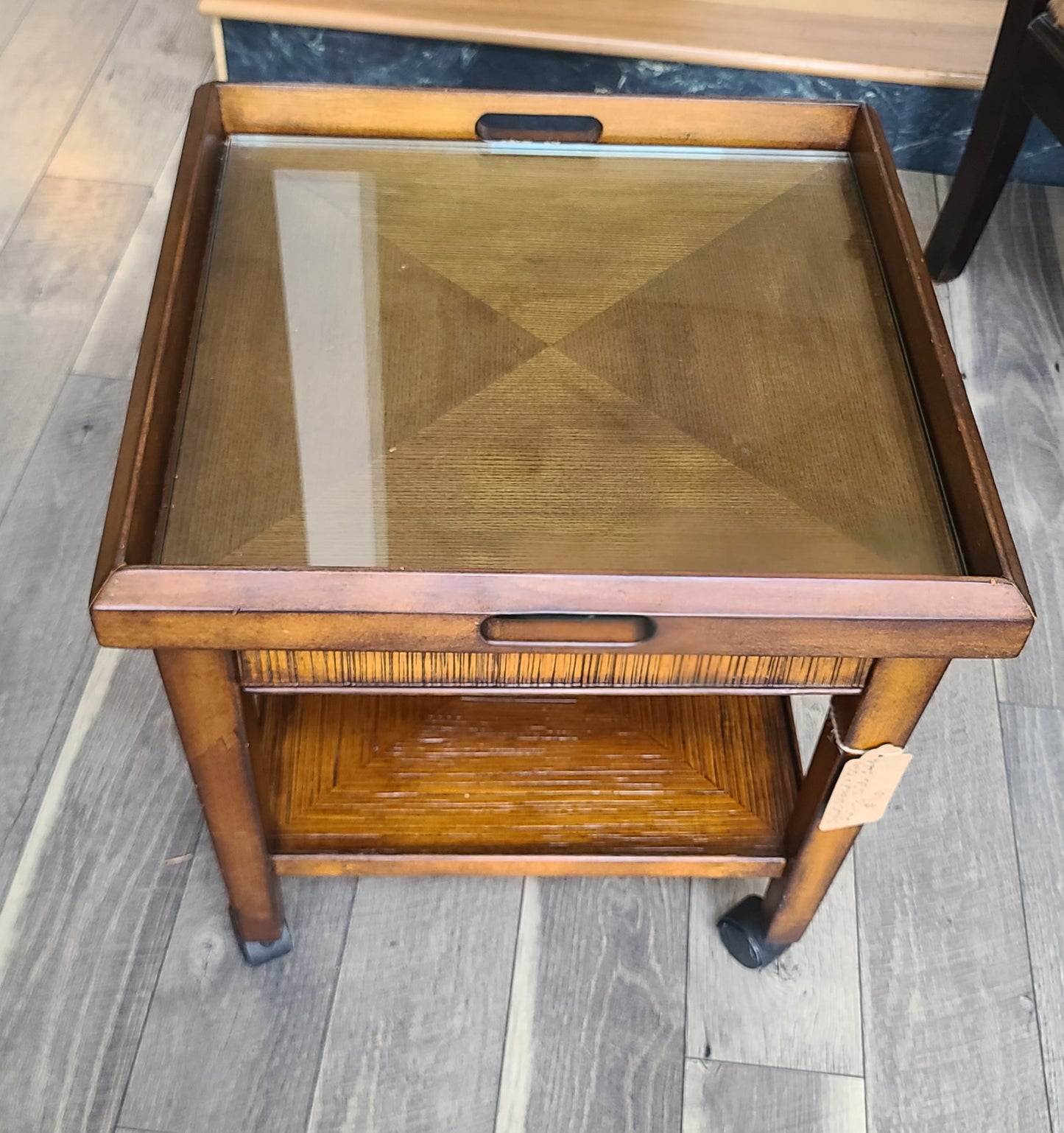 Solid Wood Glass Rolling Side Table