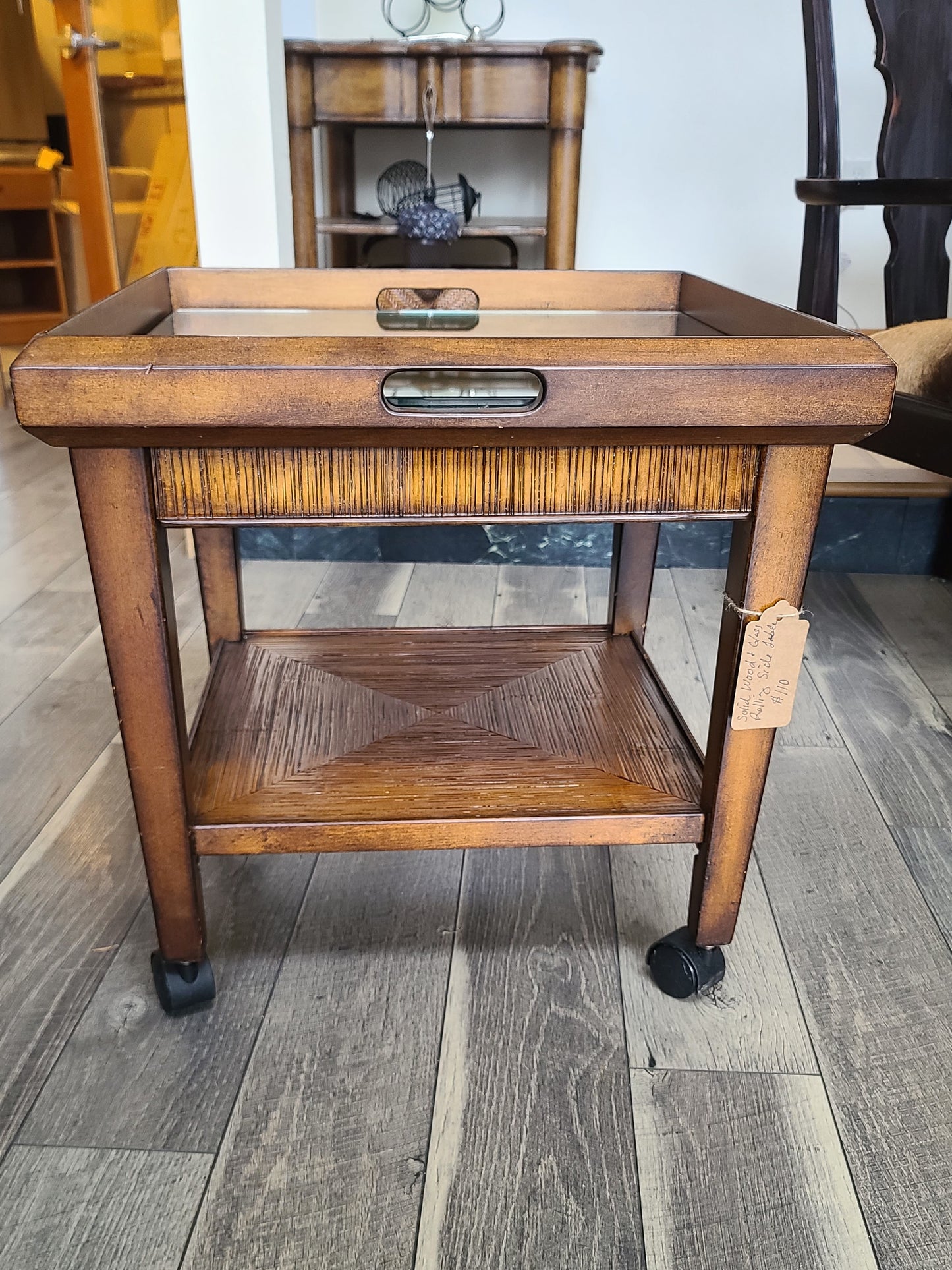 Solid Wood Glass Rolling Side Table