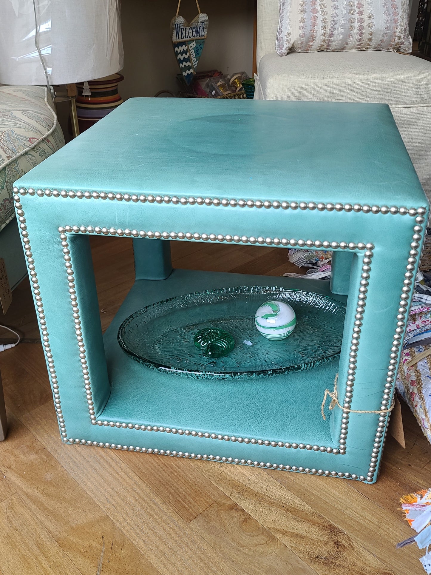 Teal Leather Side Table with Accents