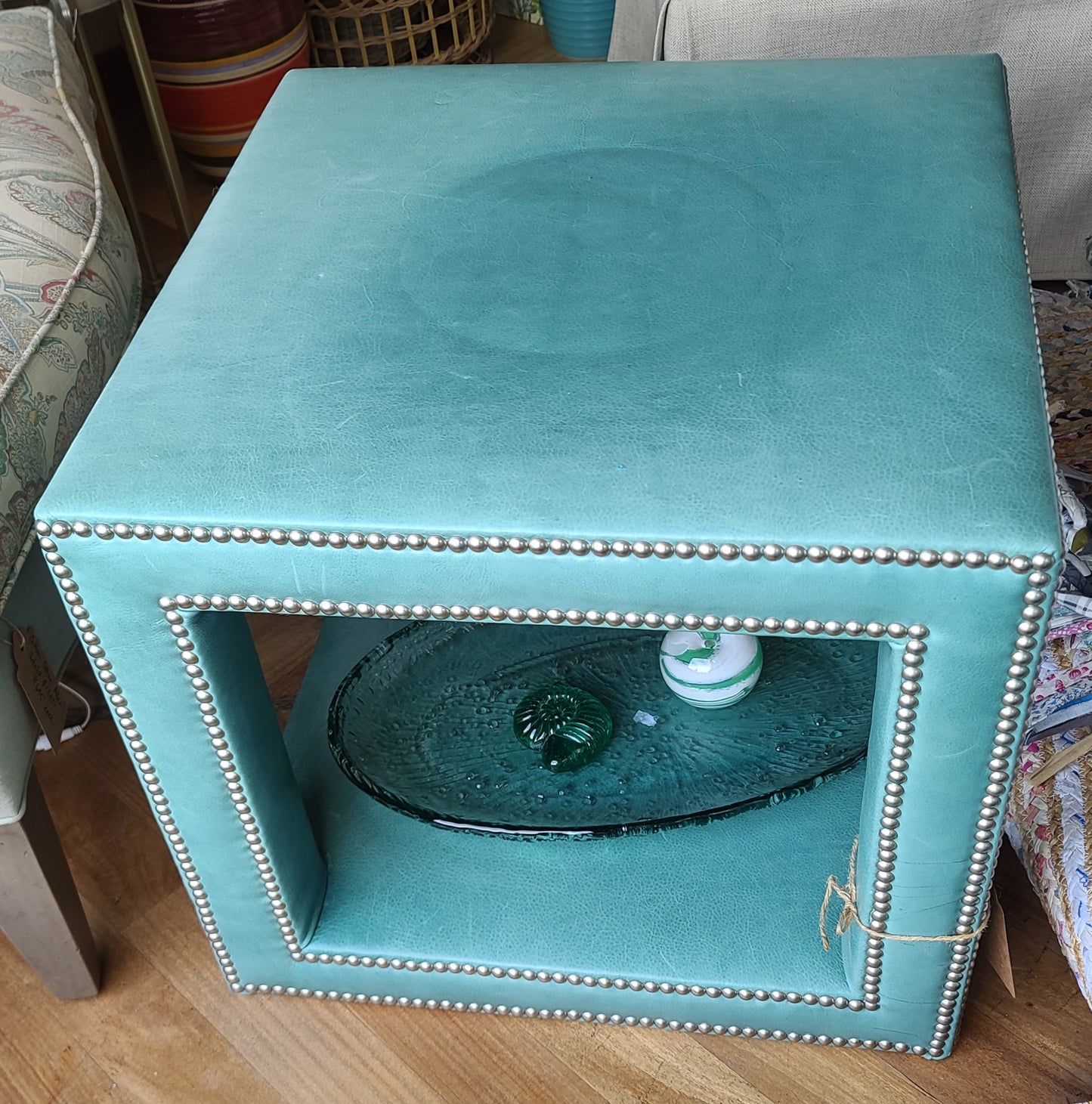 Teal Leather Side Table with Accents