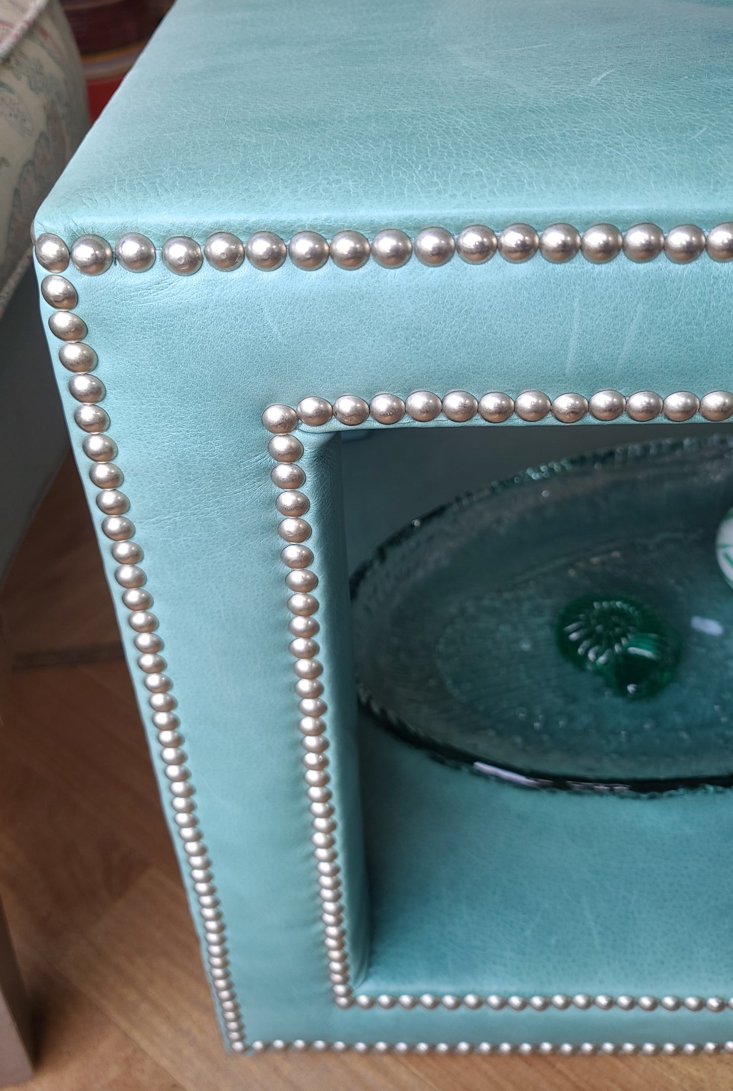 Teal Leather Side Table with Accents