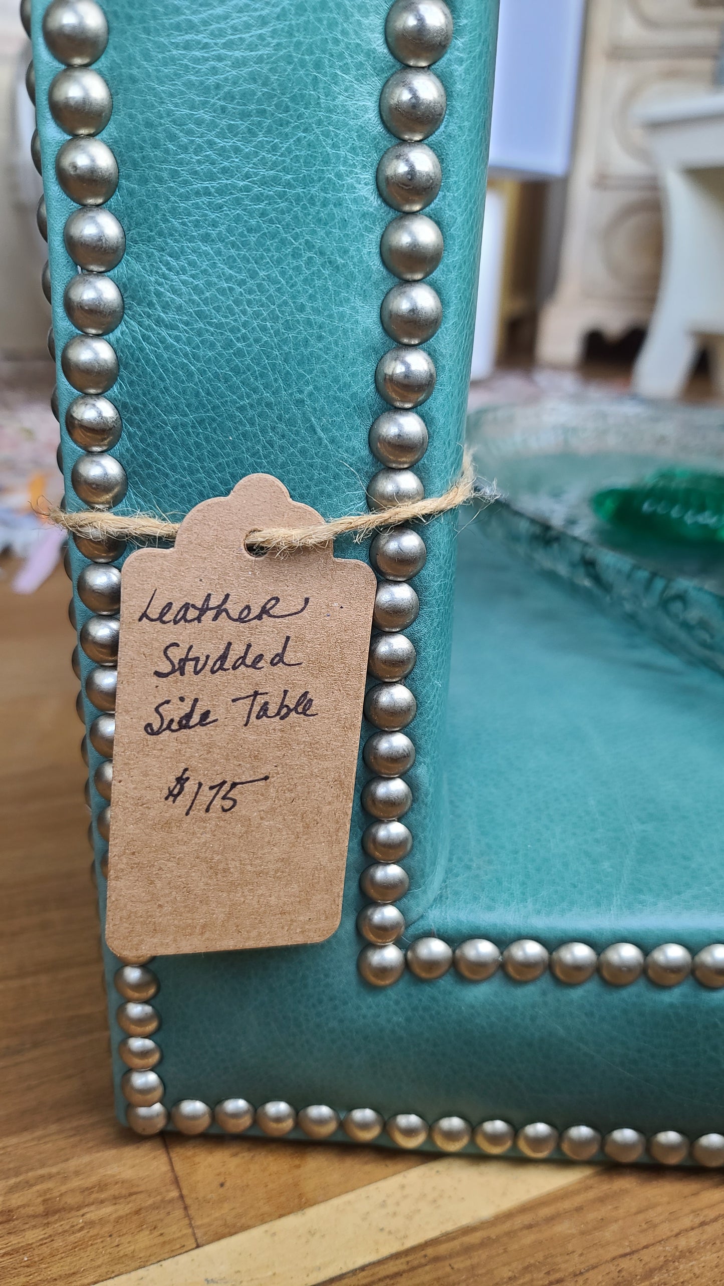 Teal Leather Side Table with Accents