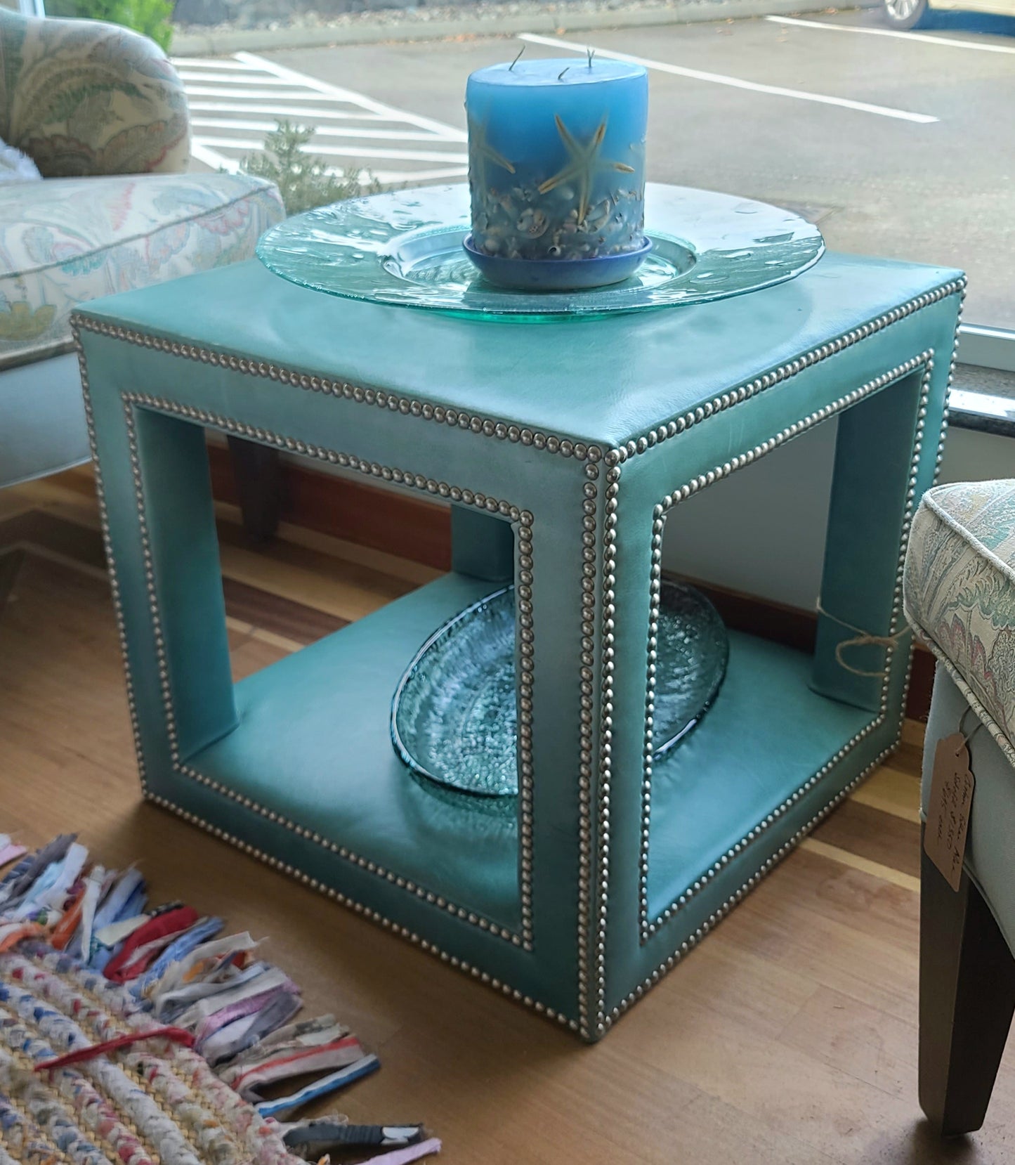 Teal Leather Side Table with Accents