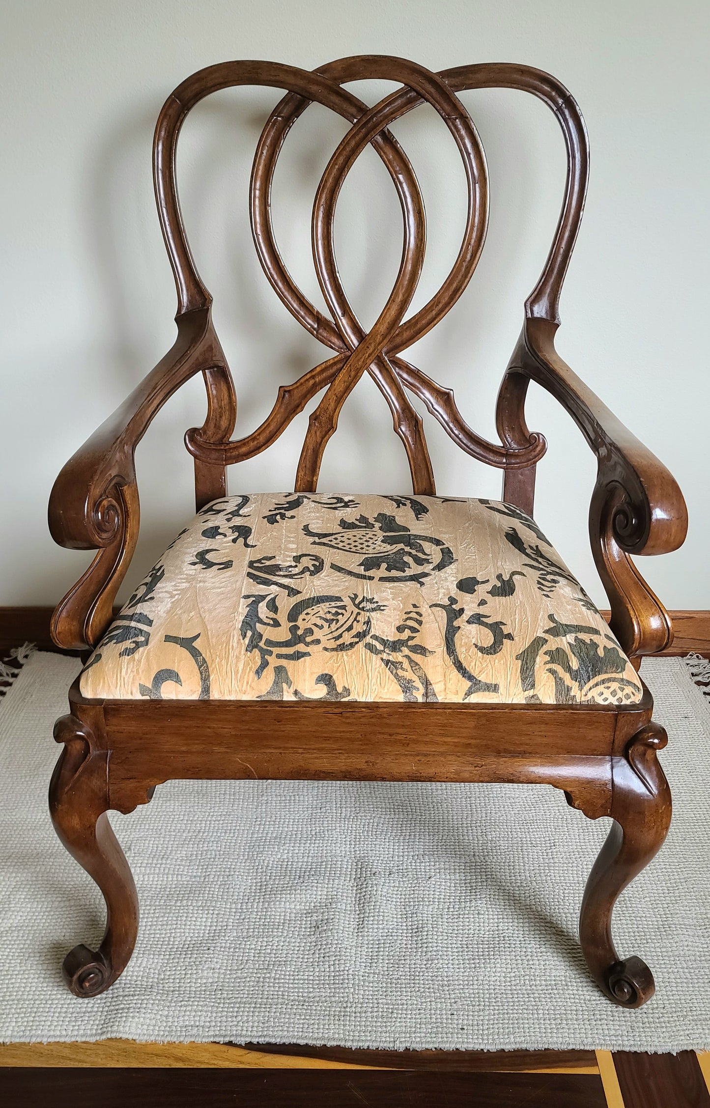 Ornate Thistle Pattern Vintage Wooden Armchair