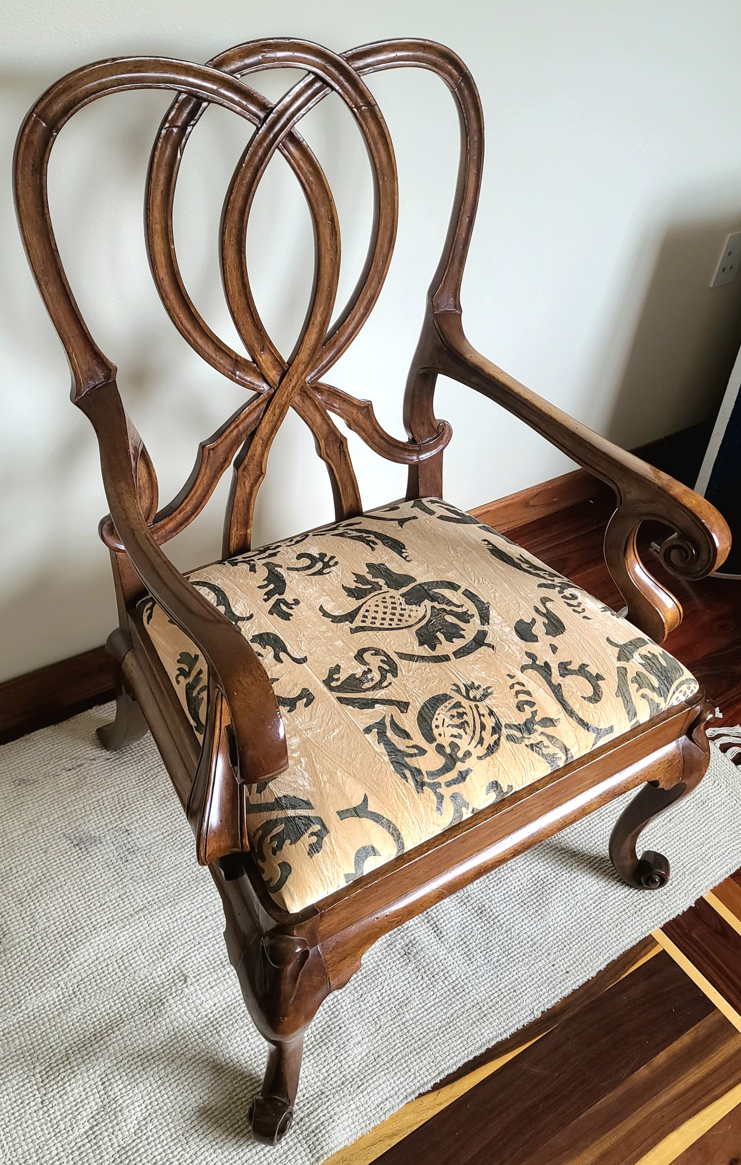 Ornate Thistle Pattern Vintage Wooden Armchair