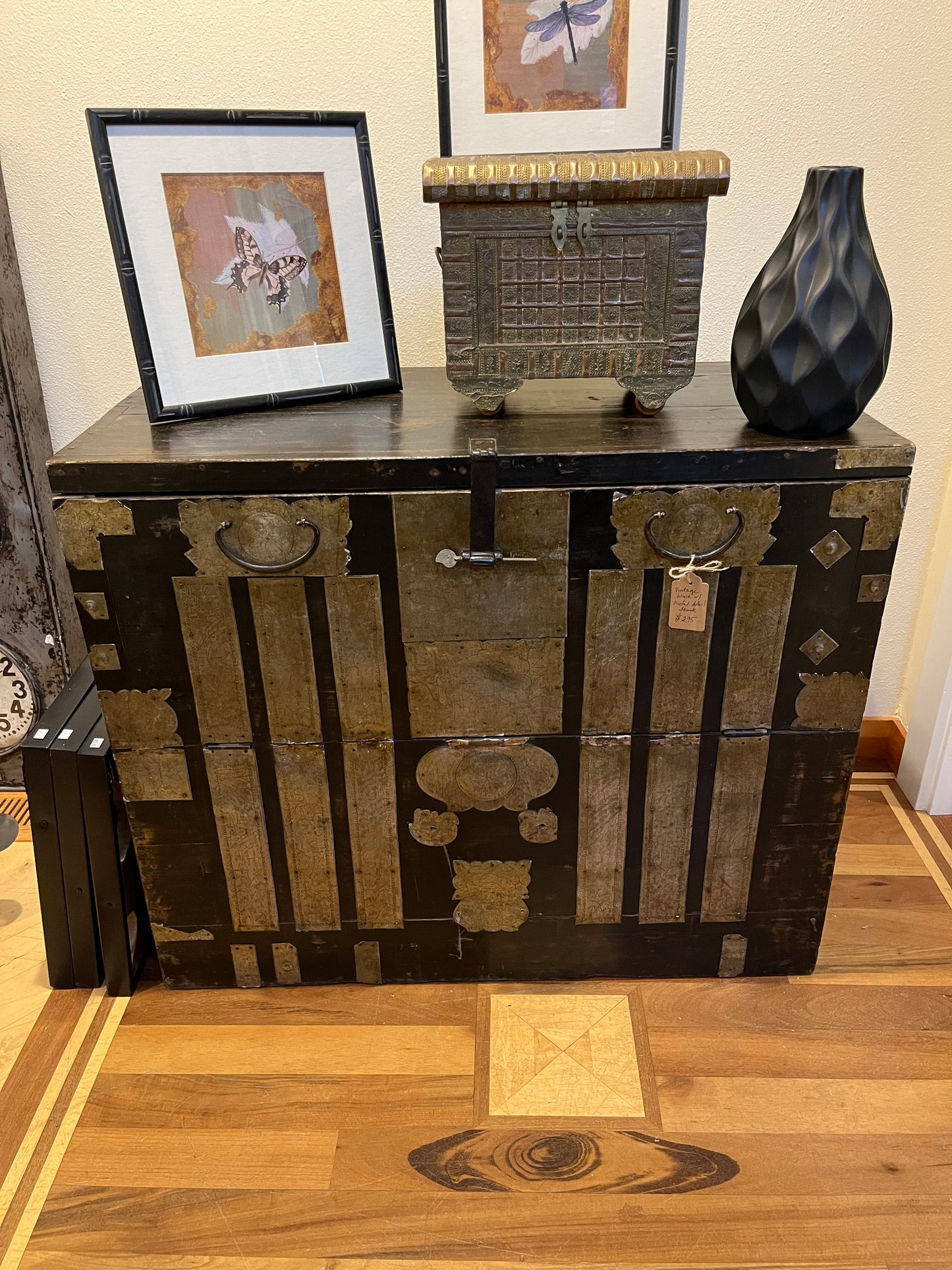 Antique Engraved Metal and Wood Chest