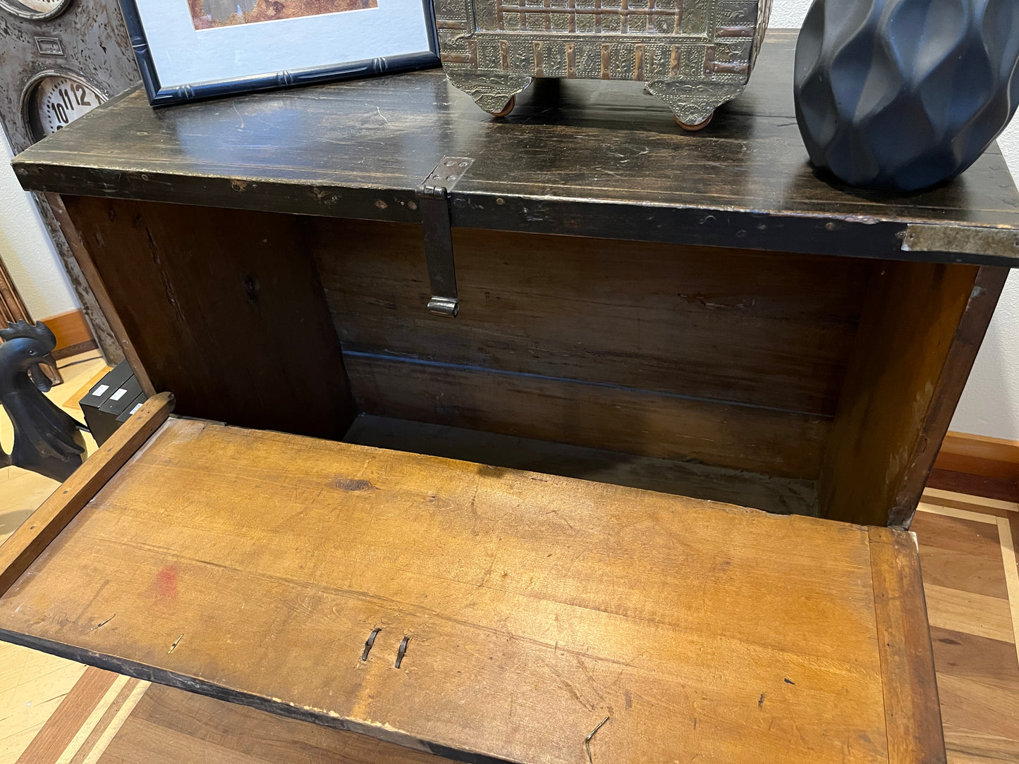 Antique Engraved Metal and Wood Chest