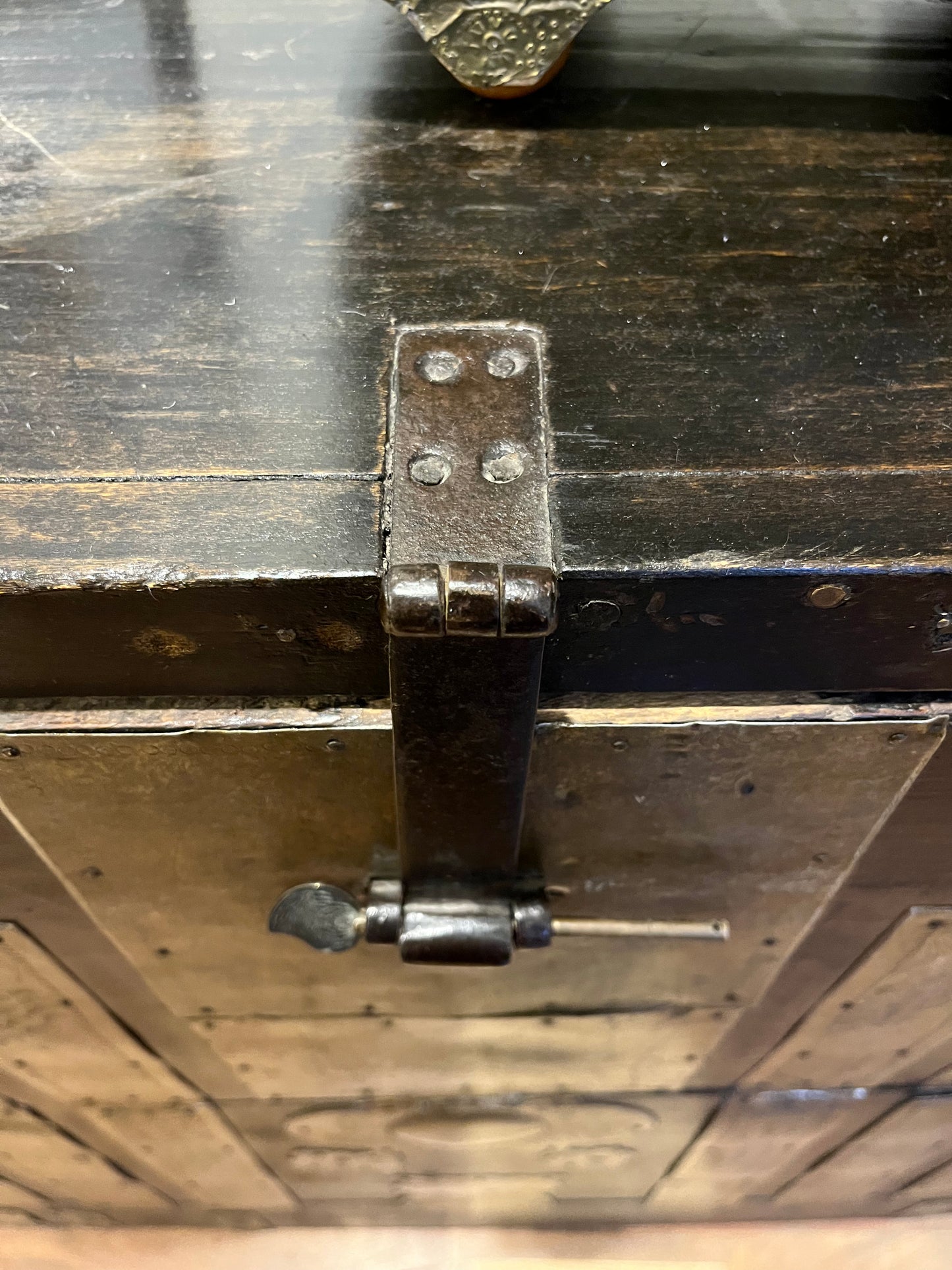 Antique Engraved Metal and Wood Chest