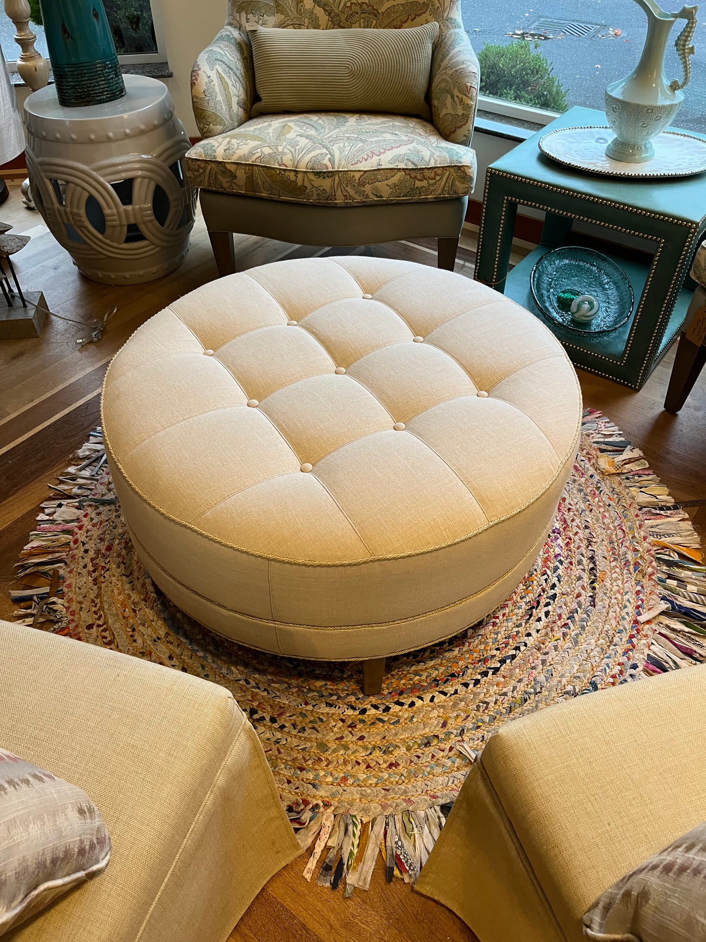 Ethan Allen Upholstered Circle Ottoman, Light Tan Twill