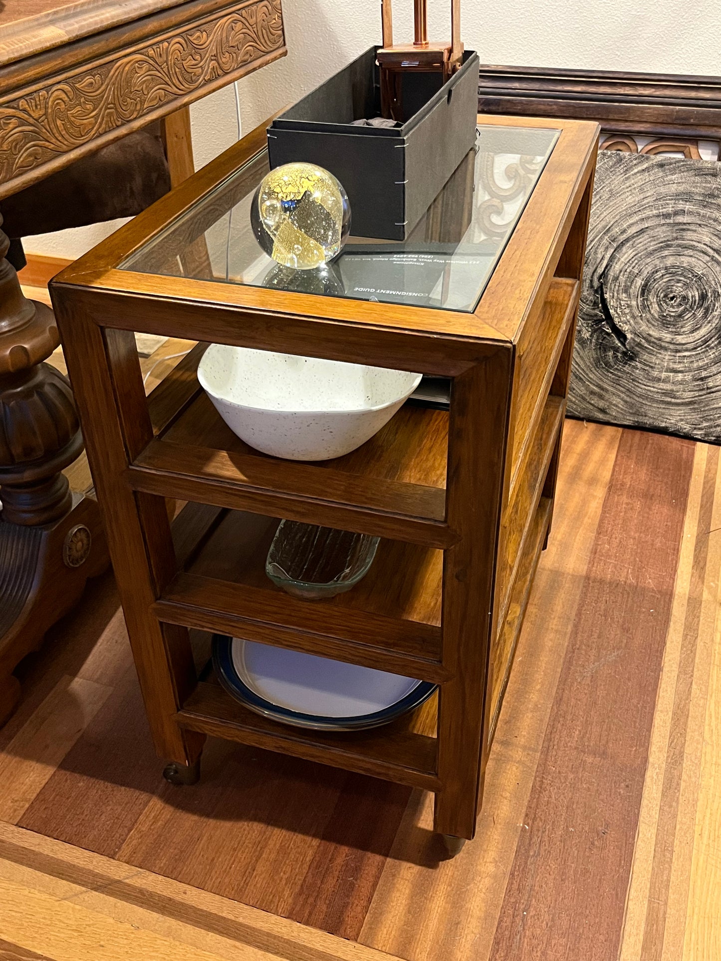 Wood and Glass Side Table Rolling Cart