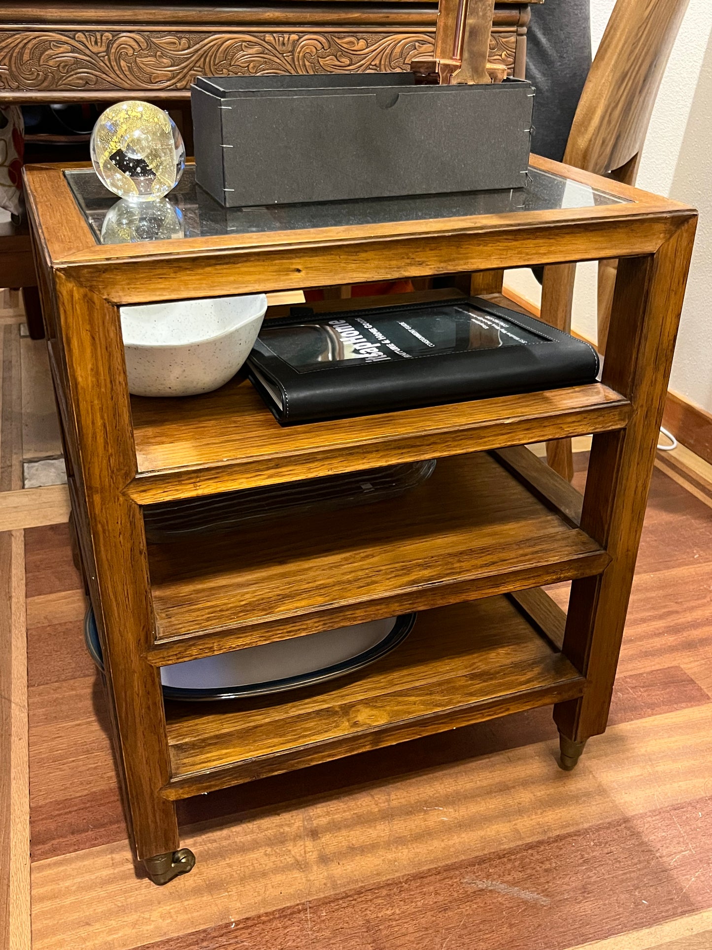 Wood and Glass Side Table Rolling Cart