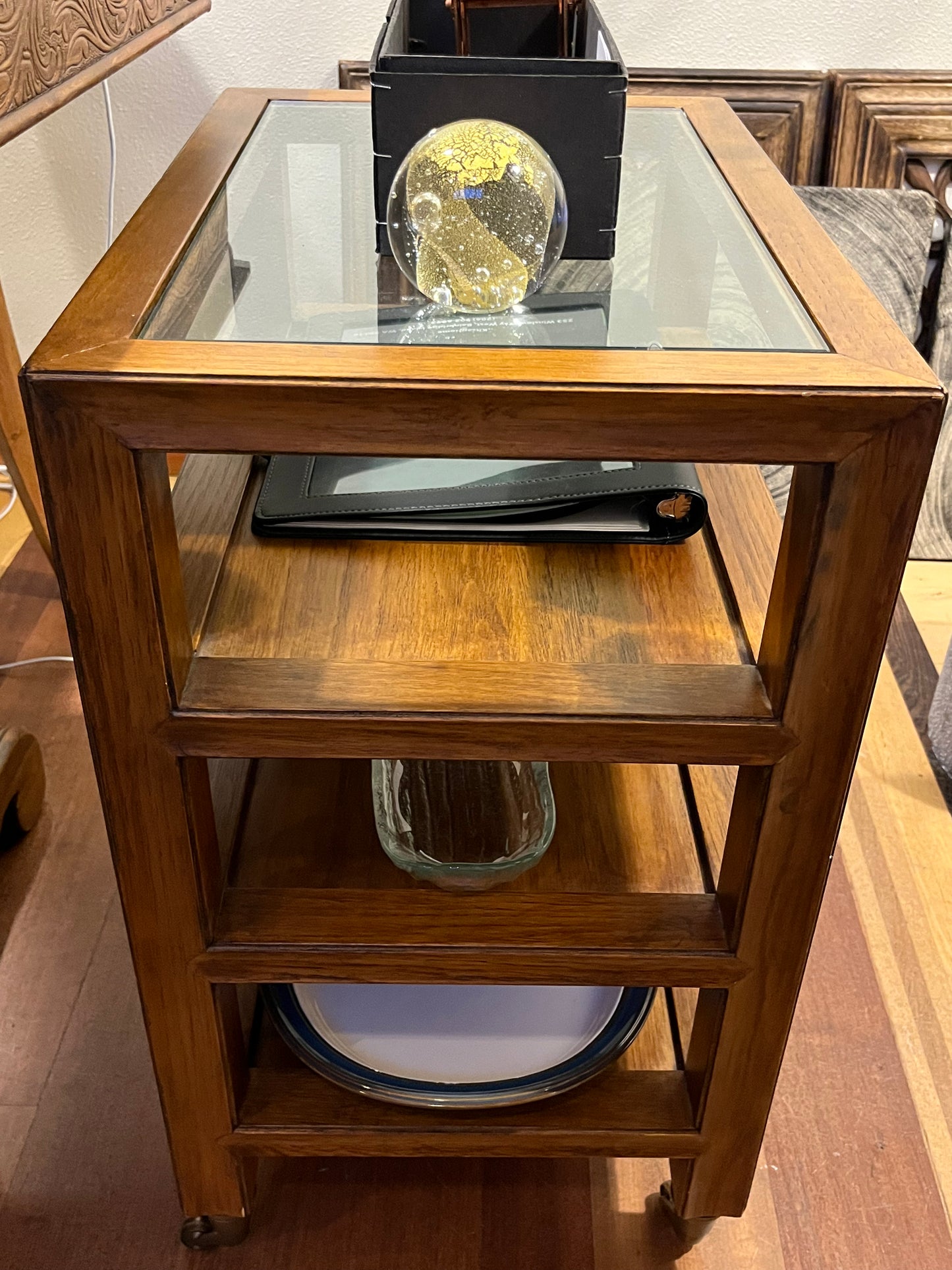 Wood and Glass Side Table Rolling Cart