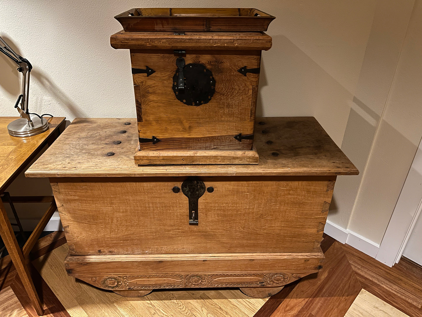 Antique Rolling Chest, Carved Wood and Steel Accents