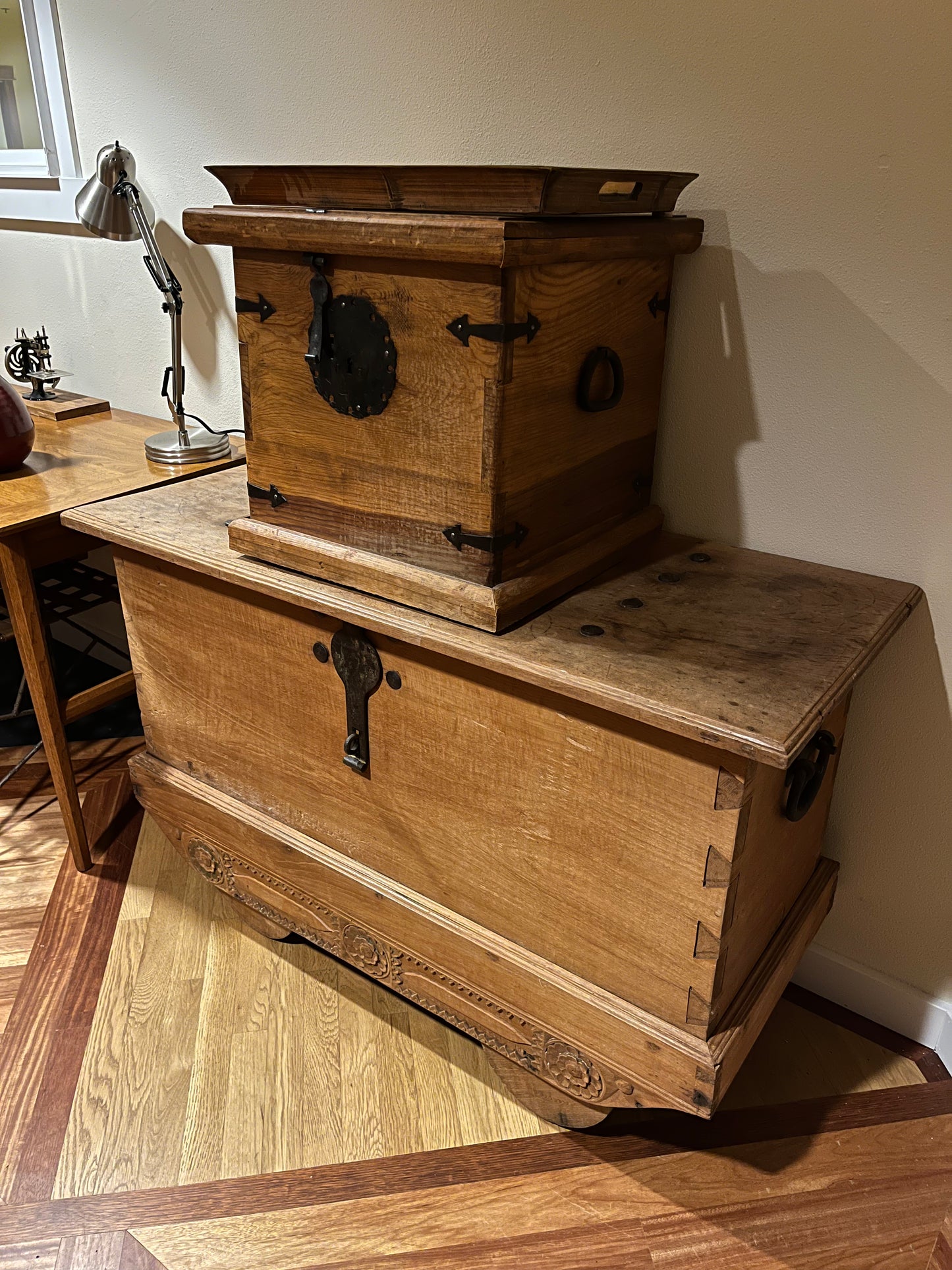 Antique Small Wood Chest, Forged Steel Accents