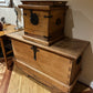 Antique Rolling Chest, Carved Wood and Steel Accents