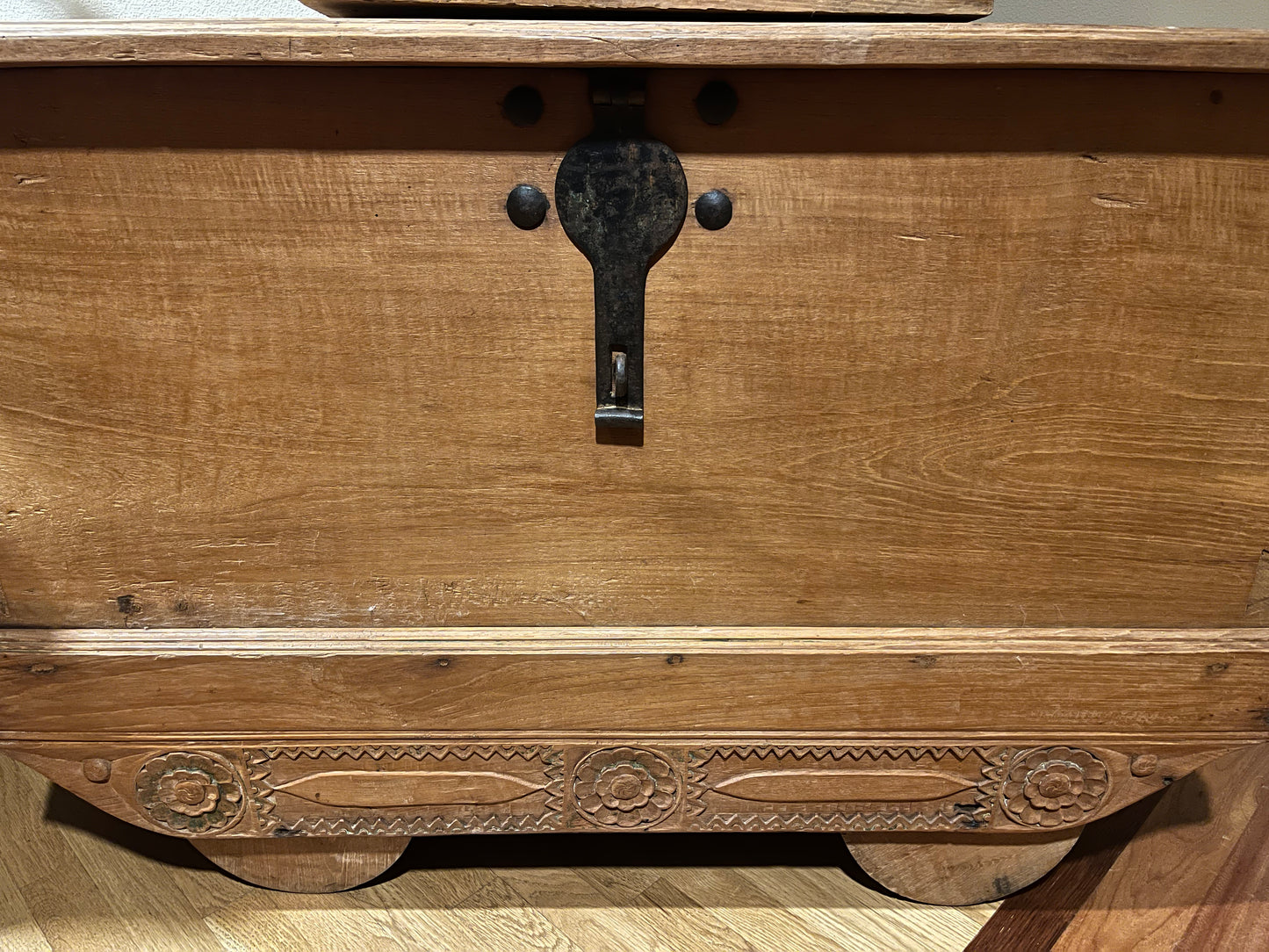 Antique Rolling Chest, Carved Wood and Steel Accents