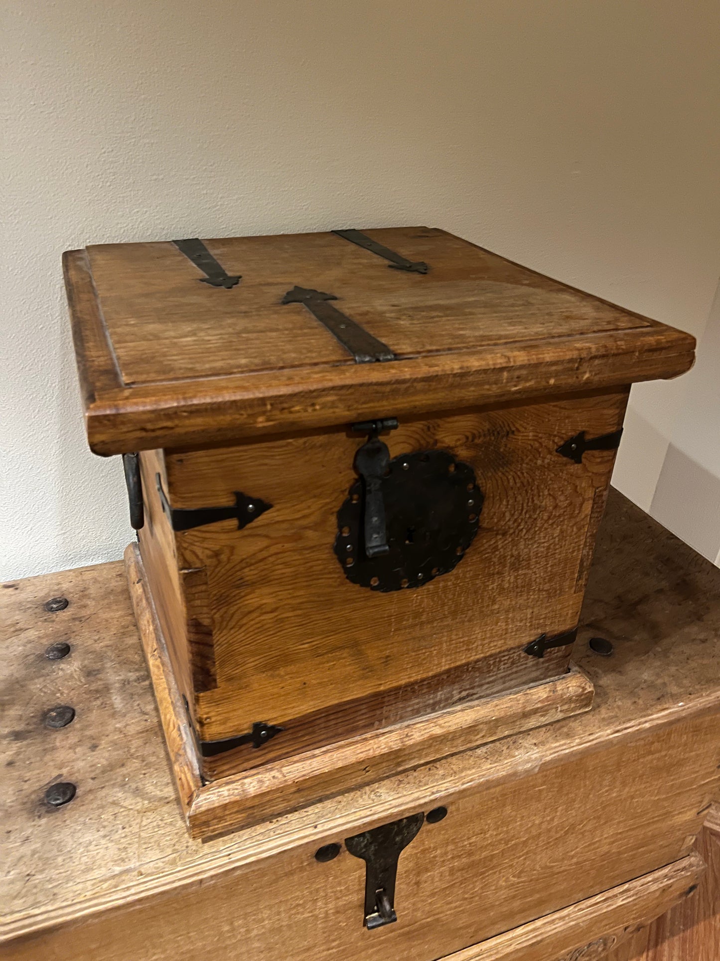 Antique Small Wood Chest, Forged Steel Accents