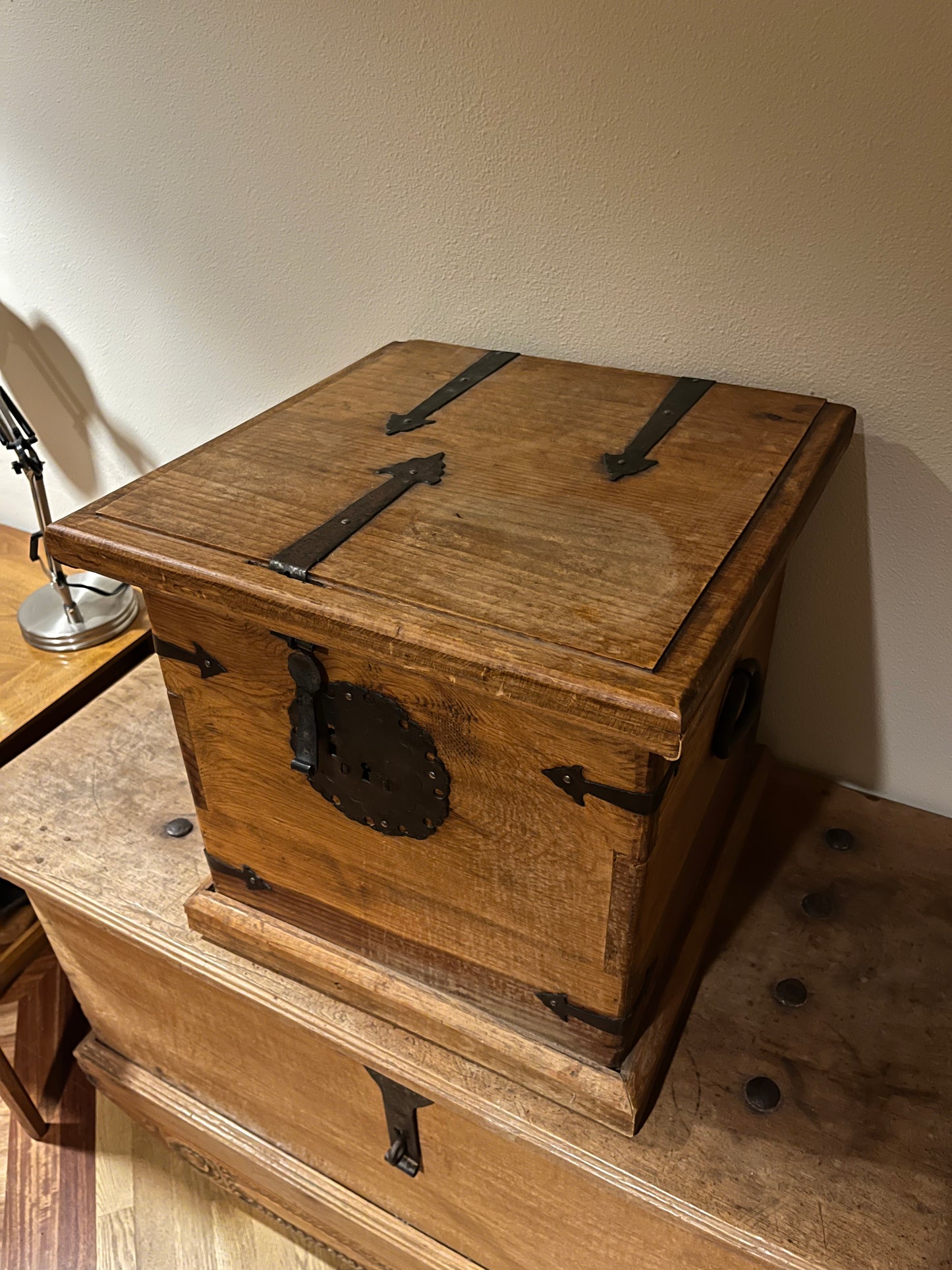 Antique Small Wood Chest, Forged Steel Accents