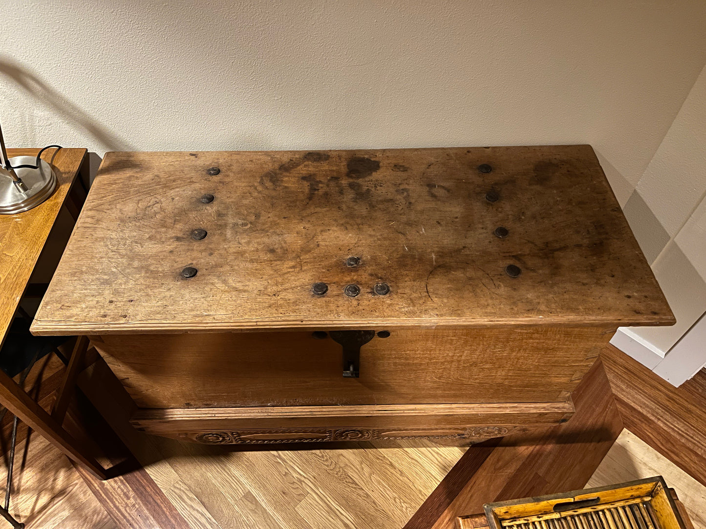 Antique Rolling Chest, Carved Wood and Steel Accents