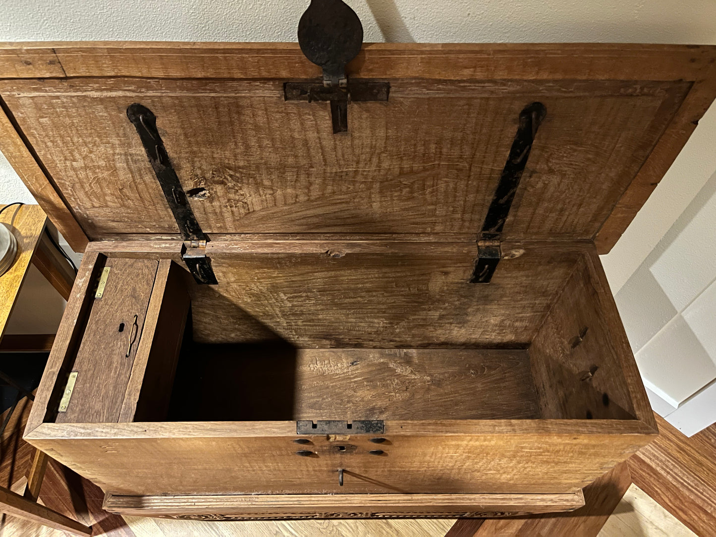 Antique Rolling Chest, Carved Wood and Steel Accents