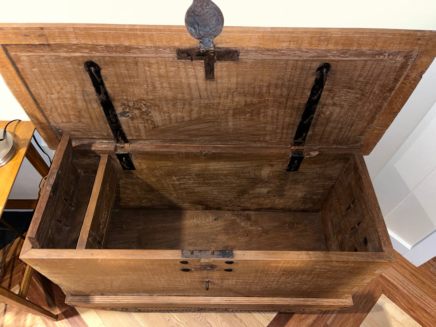 Antique Rolling Chest, Carved Wood and Steel Accents