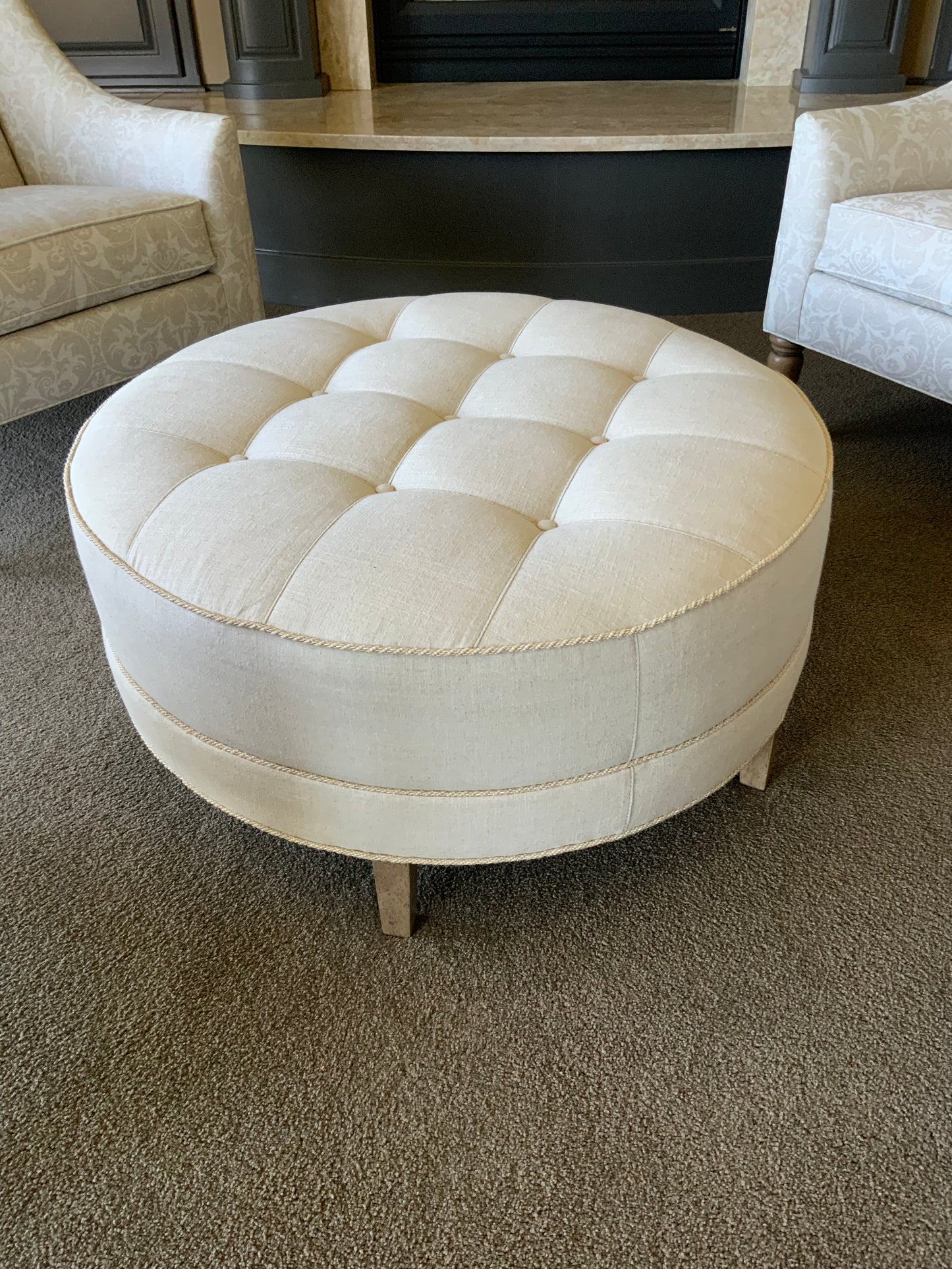 Ethan Allen Upholstered Circle Ottoman, Light Tan Twill