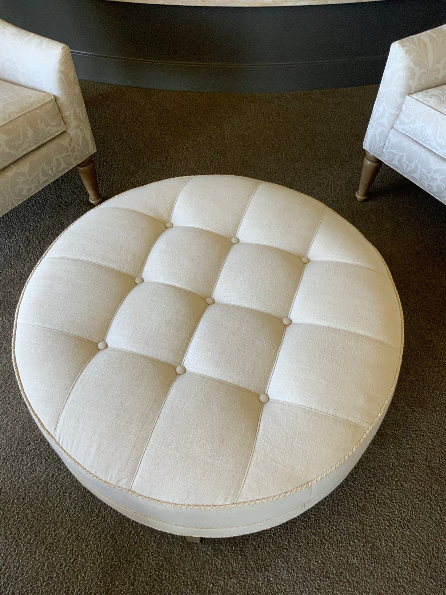 Ethan Allen Upholstered Circle Ottoman, Light Tan Twill