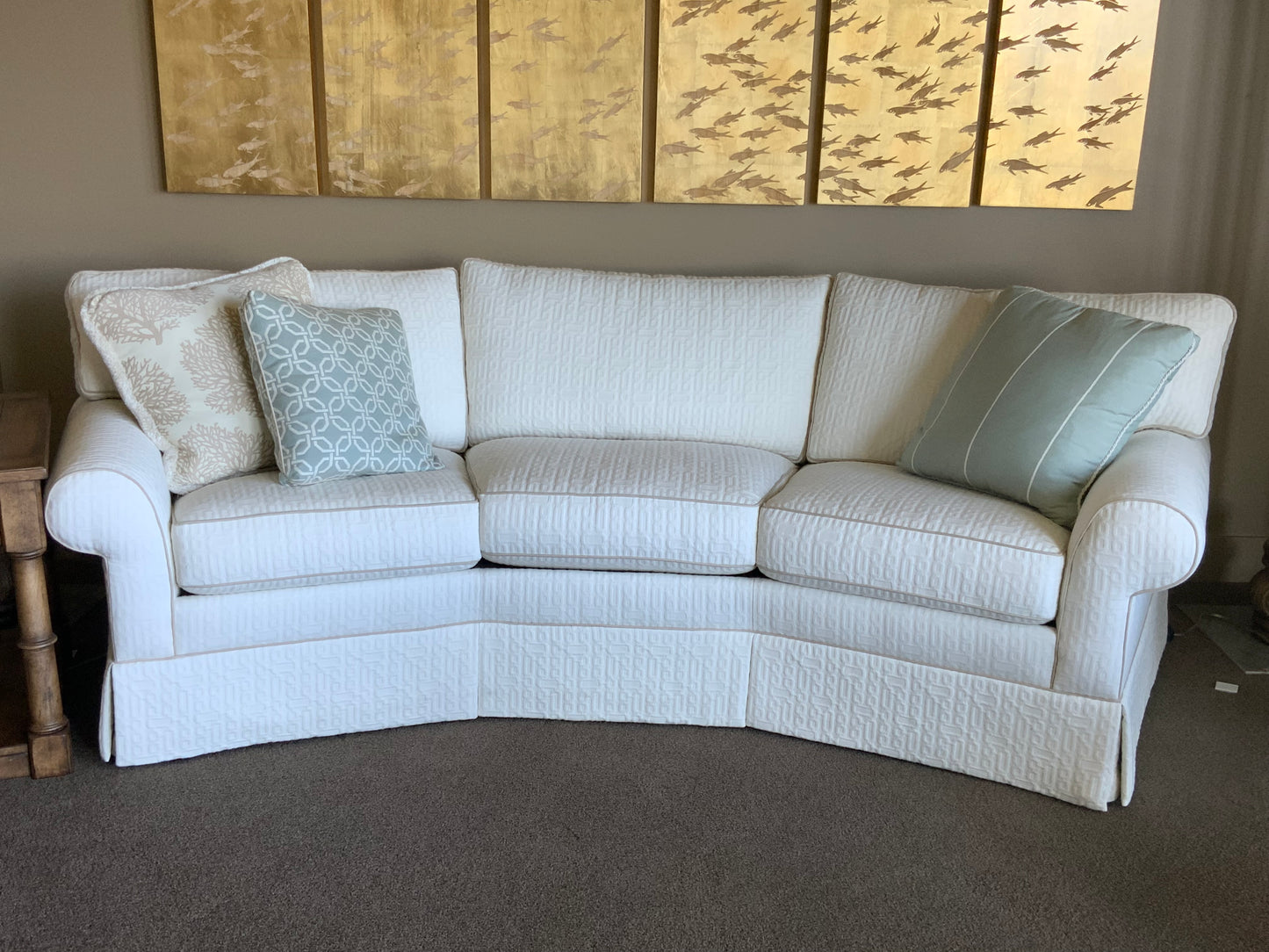 Ethan Allen Custom Made Crème Upholstered Curved Sofa